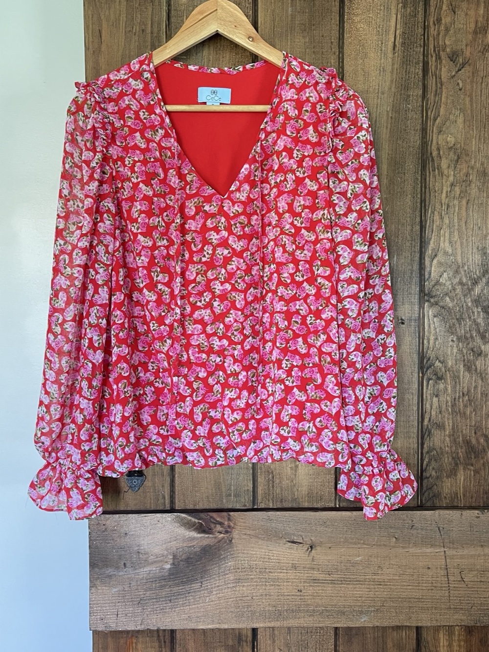 CeCe V Neck Floral Heart Print Bubble Hem Tie Neck Peasant Sleeve Blouse Medium